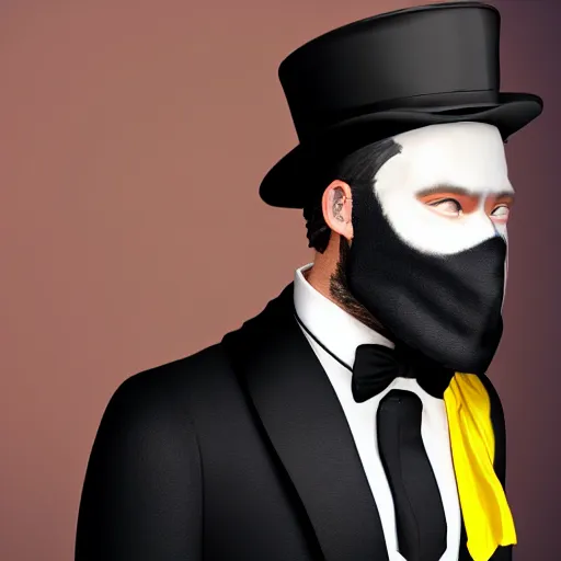 Image similar to a highly detailed portrait of a man in a high top hat covering his face, in a black tailcoat with a yellow waistcoat under the tailcoat, artstation, deviantart, professional, unreal engine 5, photorealistic