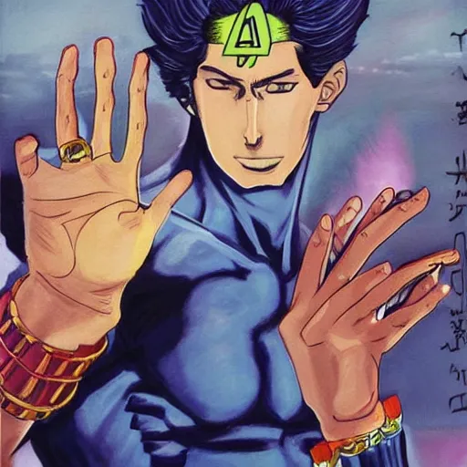 Image similar to a beautiful painting of a man with superpowers posing for a picture on a city street by hirohiko araki, detailed line art, jojos bizarre adventure