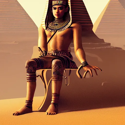 Prompt: An egyptian prince sitting on his royal throne in the steampunk capital of a sand desert, highly detailed, digital painting, artstation, concept art, smooth, sharp focus, illustration, art by WLOP