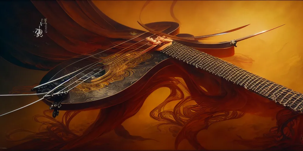 Prompt: a katana guitar by karol bak, james jean, tom bagshaw, rococo, sharp focus, trending on artstation, cinematic lighting, hyper realism, octane render, 8 k, hyper detailed, vivid, ultra detailed, highly detailed