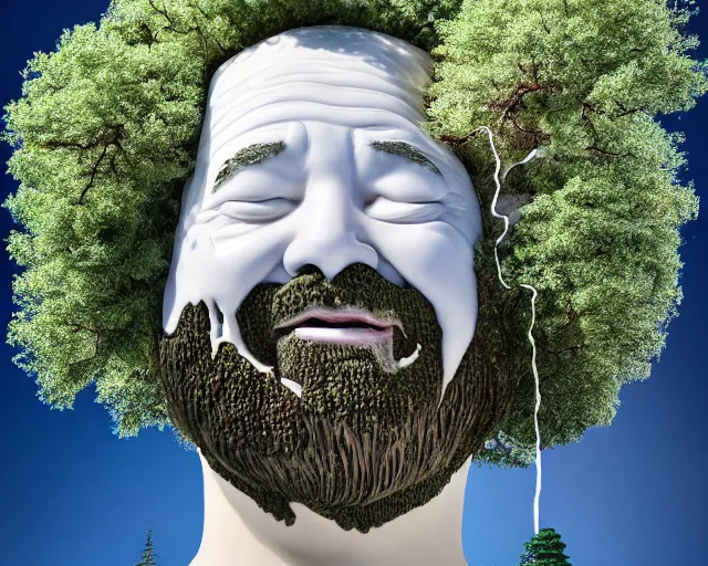 Prompt: a massive porcelain sculpture on a mountain lake of bob ross's face spewing a little happy tree from his mouth, in the style of johnson tsang, funny sculpture, lucid dream series, cinematic, hyper - realistic, very detailed, realistic water splashes, ray tracing, 8 k resolution, long - shot, sharp focus, low angle, 8 5 mm photograph, wide lens