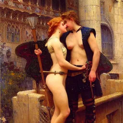 Image similar to attractive arthur pendragon confesses his love for his attractive knight. highly detailed painting by gaston bussiere and j. c. leyendecker 8 k