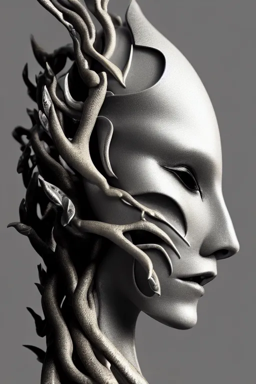 Image similar to monochrome close - up profile face, black background, beautiful young porcelain bio - mechanical vegetal - dragon - cyborg - female, white metallic armour, silver gold details, magnolia leaves and stems, roots, mandelbot fractal, 1 5 0 mm, beautiful natural soft rim light, elegant, hyper real, ultra detailed, octane render, 1 6 k