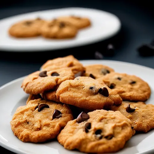 Image similar to a 5 0 mm macro shot of a plate of chocolate chip and prawn cookies