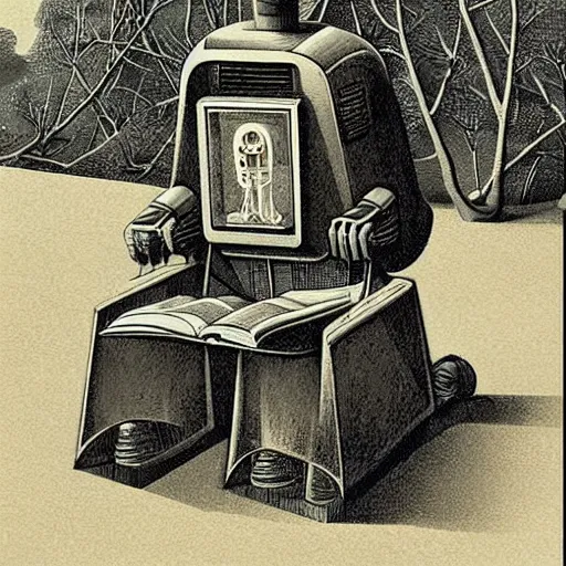 Prompt: retro dark vintage sci-fi, 2D matte illustration, robot reading a book in a park, art by Szukalski, Beksinski