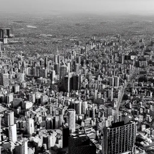 Prompt: a black and white photo of a utopian city