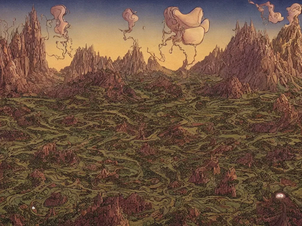 Image similar to fantasy landscape made by moebius with a 8 eyed humanoid god dealing cards over a medieval field