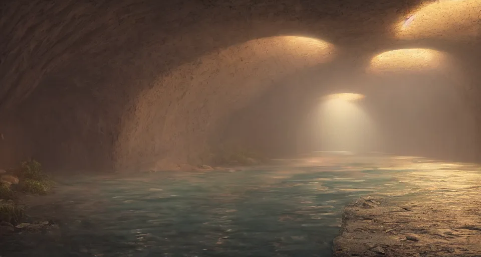 Image similar to a beautiful landscape painting, a single lane tunnel with overhead lights, water running down the walls and pooling, by sam guay, moody lighting, hyperrealism, 4 k, octane render