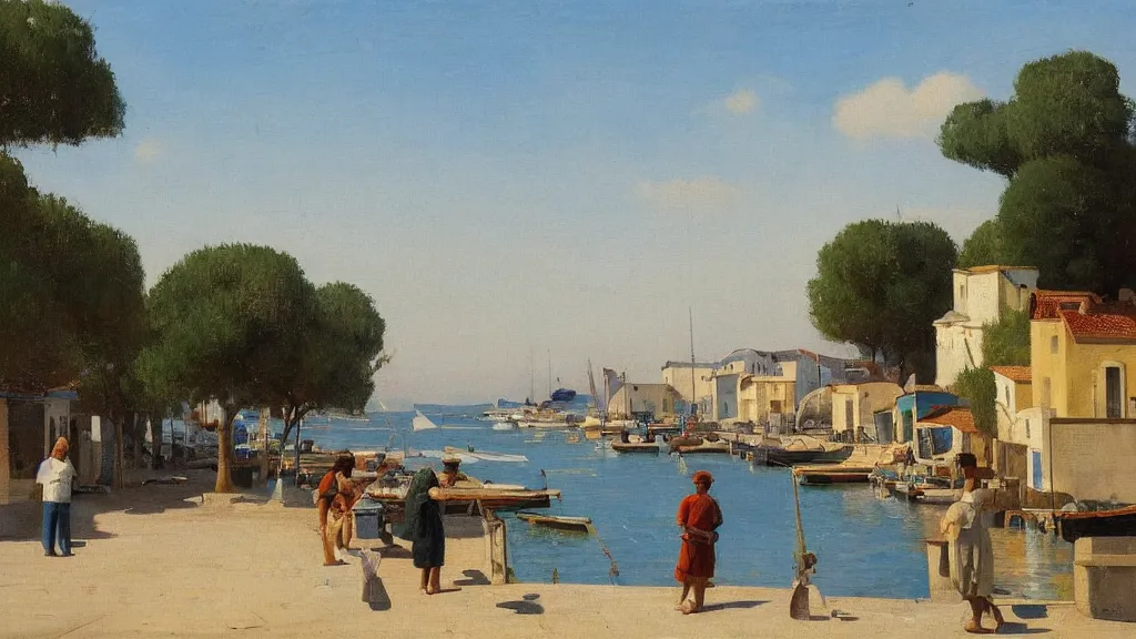 Image similar to a beautiful extremely complex painting of a mediterranean fishing village in summer by peter ilsted, whitewashed housed, tall cypress trees, blue shutters on windows, people walking down a street, fishing boats in the water, beautiful blue water, national gallery of art highlights