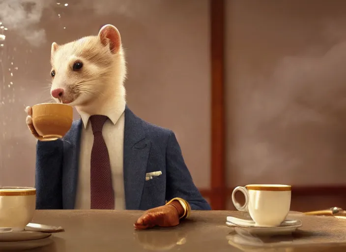 Image similar to A very high resolution image from a new movie, A Weasel wearing a suit drinks tea in a shabby Chinese room, surrounded by water vapor,beatiful backgrounds,dramatic Lighting, directed by wes anderson