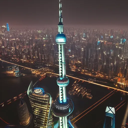 Image similar to a girl flying upon shanghai lujiazui in the night, bird view, cityscape, rain, artstation, 8 k