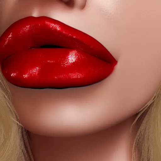 Image similar to a 3 d render of a lusty blonde woman with lucious red lips opening her mouth and sticking out her tongue ue 4 photorealism artstation