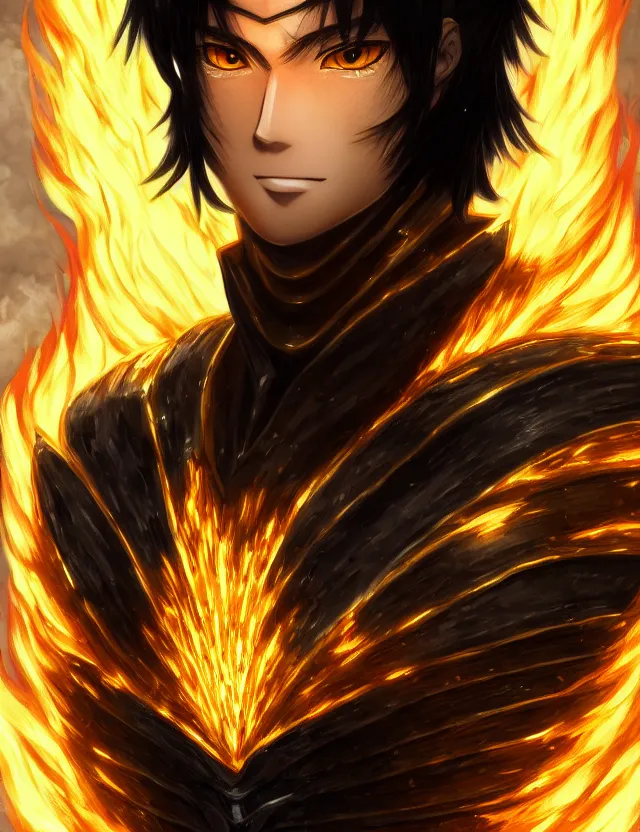 Image similar to a detailed manga portrait of a black haired man with hazel eyes in gleaming golden armour that burns with golden fire, trending on artstation, digital art, 4 k resolution, detailed, high quality, sharp focus, hq artwork, coherent, insane detail, character portrait