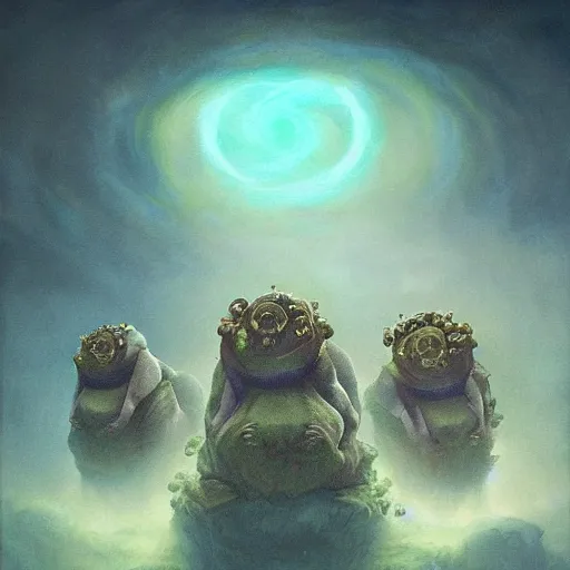 Image similar to fractal tardigrade!!! terror and horror painting tardigrade!!! descending onto an apocalyptic earth, by greg rutkowski and studio ghibli, inspired by zdzisław beksinski, cinematic, atmospheric, dramatic colors, dawn.