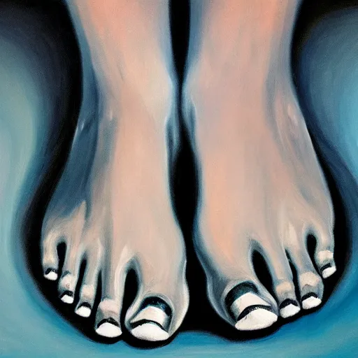 Prompt: a killian eng art deco style beautiful woman feet, close look, oil on canvas, smooth, sharp focus, vibrant volumetric dark natural light, dark enlightenment, alchemy, citrinitas.