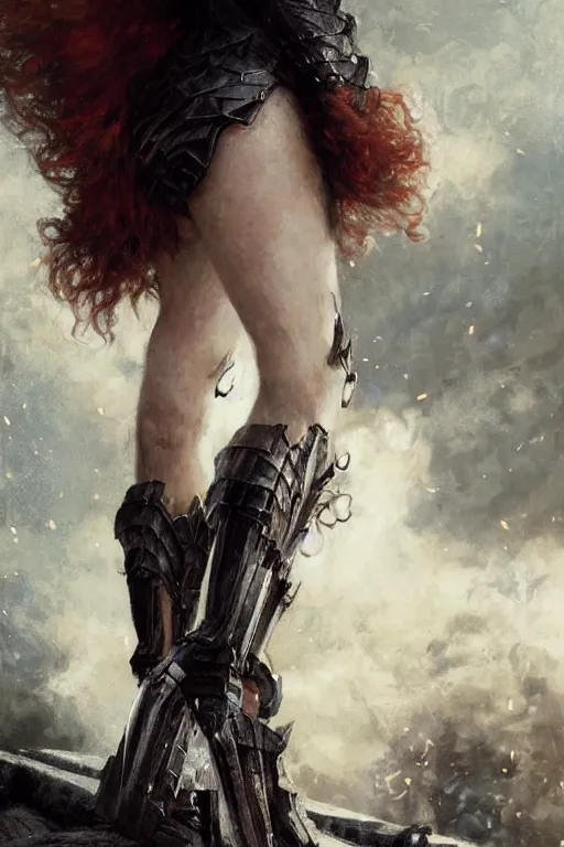 Prompt: redhead emilia clarke wearing black geometric armour, bare legs, detailed, by gaston bussiere, bayard wu, greg rutkowski, giger, maxim verehin, greg rutkowski, masterpiece, sharp focus, cinematic lightning