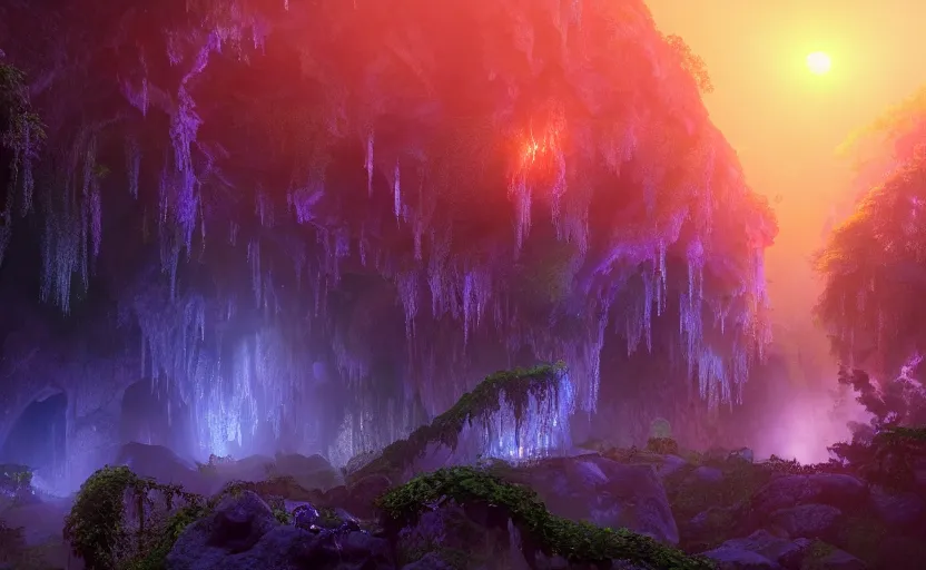 Image similar to a beautiful and stunning digital render of a humongous opal cave, dimly glowing crystals, vines, haze, waterfall, volumetric lighting, photorealistic, red sky, sunset, unreal engine 5, ultra detail, trending on artstation