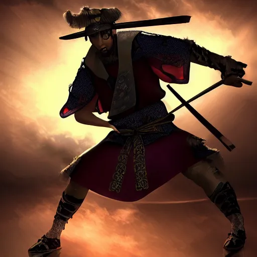 Image similar to fantasy style samurai, in a photorealistic style, doing a sparing pose, dynamic lighting, 8k, art station, devian art