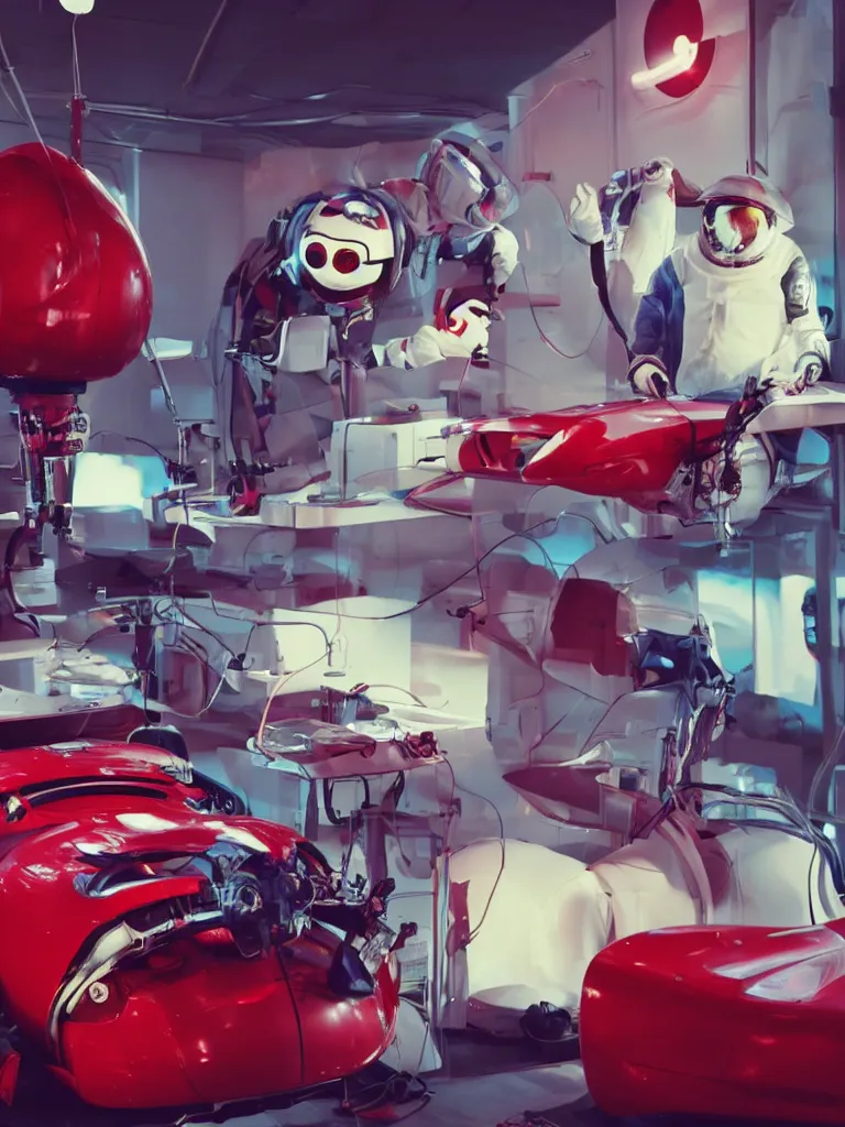 Prompt: futuristic race car mechanics with astronaut helmets on their heads!! focused on doing surgery on a huge mickey mouse doll head that is dripping blood from cheek!! red netflix neon office sign in background, beeple!!, minimal, movie still in in private car garage, dystopian