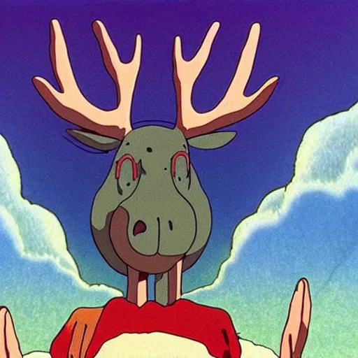 Image similar to \'Moose God\' by Studio Ghibli, now considered by art critics to be one of the most iconic and beautiful pieces of art in the 21st century