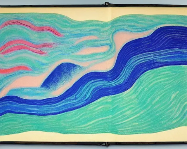 Prompt: Ocean waves in a psychedelic dream world. DMT. Curving rivers. Craggy mountains. Landscape painting by Edvard Munch. David Hockney. Zao . Minimalist.