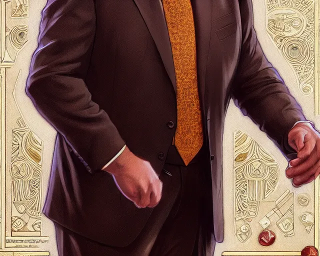 Image similar to close up of jay leno wearing a brown suit and necktie, focus, d & d, intricate, elegant, highly detailed, digital painting, artstation, concept art, matte, sharp focus, illustration, hearthstone, art by artgerm and greg rutkowski and alphonse mucha