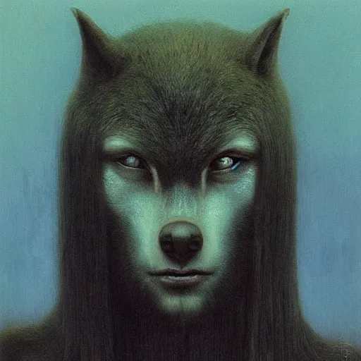 Prompt: portrait painting of 16 years old werewolf (girl), by Beksinski