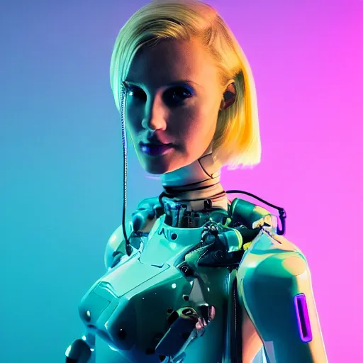 Prompt: A beautiful blonde model who is half of a robot with wires coming out of her head, Cyberpunk, neon, 60s, Sony a7R IV, symmetric balance, polarizing filter, Photolab, Lightroom, 4K, Dolby Vision, Photography Award