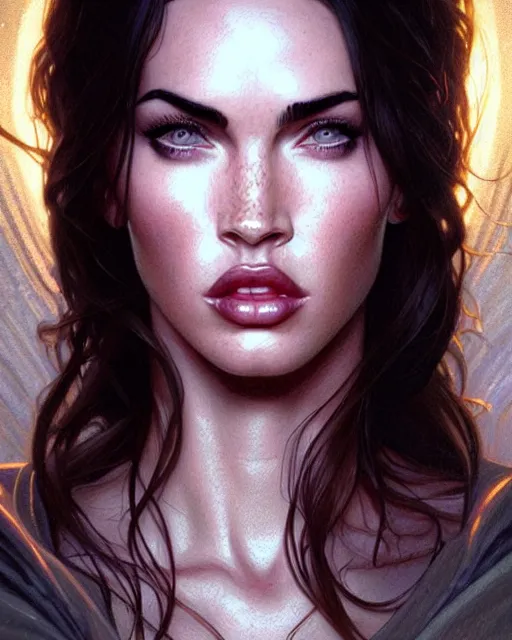 Prompt: portrait of megan fox with sultry face expression, ligh shining from glowing eyes, intricate, headshot, highly detailed, digital painting, artstation, concept art, sharp focus, cinematic lighting, illustration, art by artgerm and greg rutkowski, alphonse mucha, cgsociety