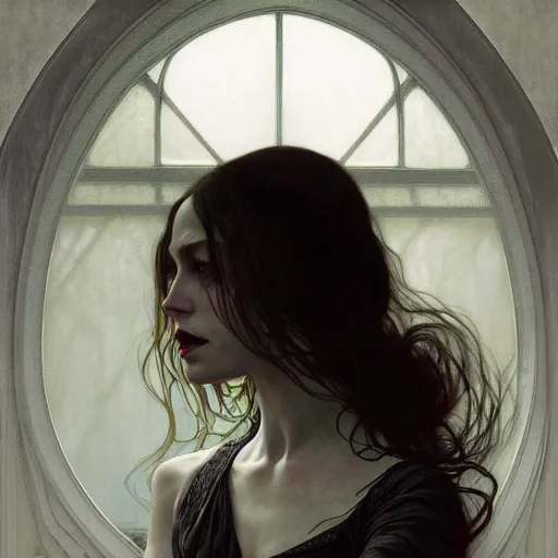 Image similar to symmetry!! portrait of a vampire woman in the world of andrew wyeth, horror, fashion, dark!! intricate, elegant, highly detailed, digital painting, artstation, concept art, smooth, sharp focus, illustration, art by artgerm and greg rutkowski and alphonse mucha