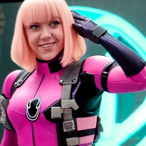 Image similar to A still of Gwenpool in Deadpool 3 (2023), blonde hair with pink highlights, no mask, white and light-pink outfit, smiling and winking at the camera