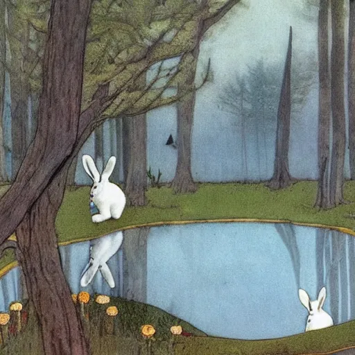 Image similar to a white rabbit in a forest, a pond in the foreground, in the style of John Bauer