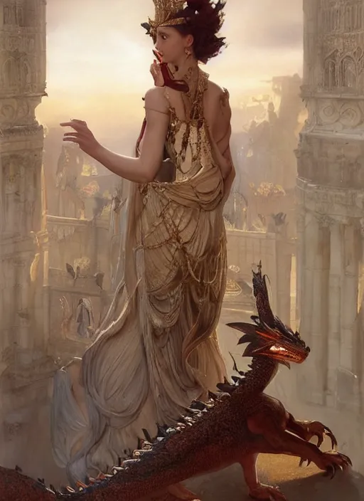 Image similar to a painting of a beautiful queen in fantastic dress next to a dragon, photorealistic painting by Jaime Jones, Tom Bagshaw,Lawrence Alma-Tadema,greg rutkowski,deviantart contest winner, fantasy art, daz3d,intricate,elegant,highly detailed,8k,digital painting,concept art, sharp focus, illustration,golden ratio