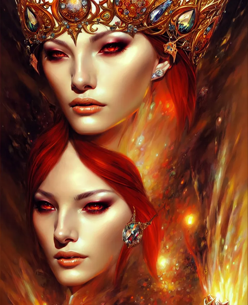 Prompt: A portrait of a female jewels-crowned sorceress; by Karol Bak and Jia Ruan, artstation, deviantart, fantasy art, rpg portrait