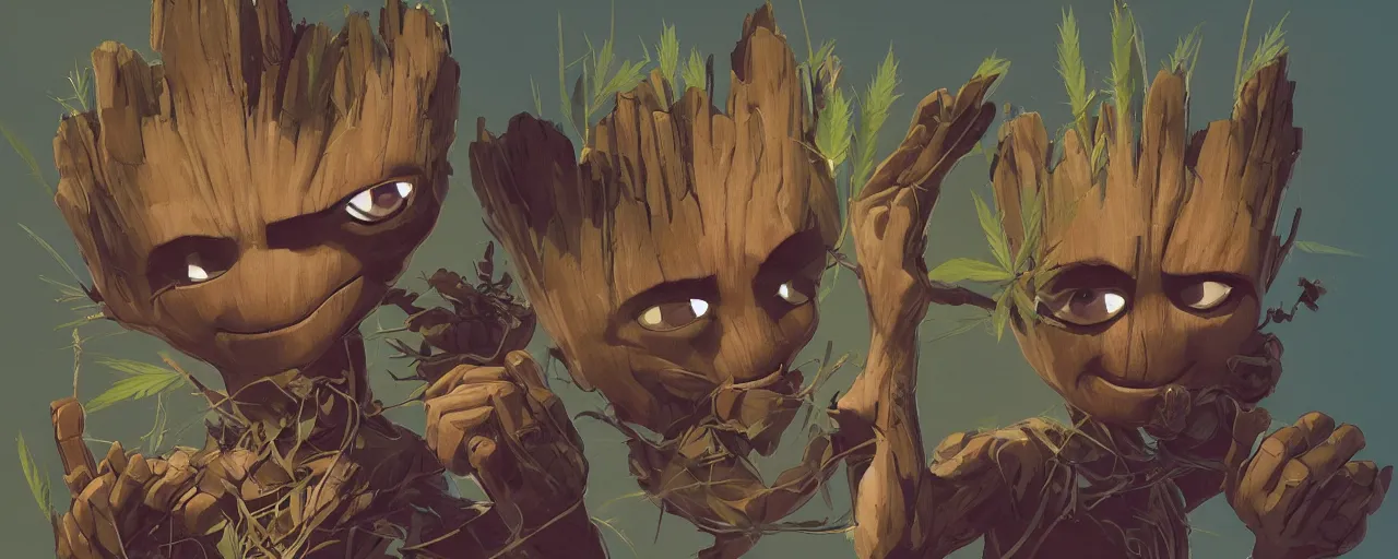 Image similar to duotone concept illustration 3 / 4 portrait of baby groot wearing cannabis hat, hemp, marijuana!, cinematic volumentric lighting, jim cheung, david marquez, mike deodato jr, ilya kuvshinov, makoto shinka, behance hd by jesper ejsing, by rhads, hyper detailed, octane render, concept art, artstation