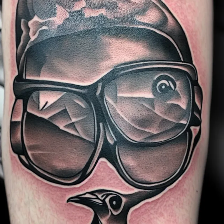 Prompt: american traditional tattoo of a nyc pigeon wearing sunglasses