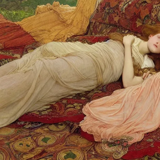 Image similar to a realistic portrait of a teenage girl who looks lie Chloe Grace Moretz and Saoirse Ronan lying on the floor, wearing a nightgown like Flaming June, by Frederic Leighton, Alphonse Mucha, Edward Burne Jones