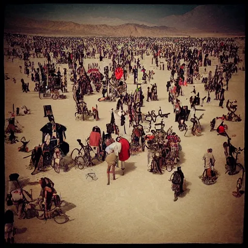 Image similar to “renaissance painting of people at burning man black rock city with steampunk costumes and loud music”