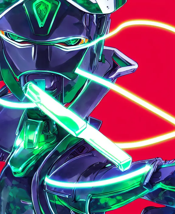 Image similar to an anime drawing of a futuristic warrior with jade green bladed armour and a futuristic helmet with a neon jade visor and red tracking lasers by Moebius, 4k resolution, photorealistic