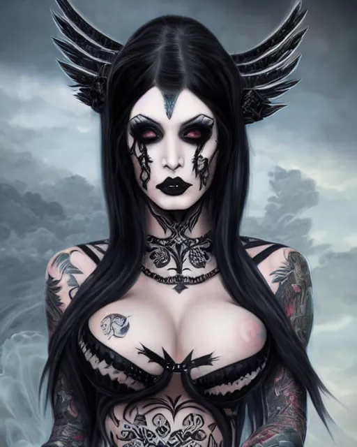 Image similar to portrait of beautiful fully tattooed goth girl cosplay with black hair, black makeup, bikini armor, art by stanley lau and artgem and wlop and magali villeneuve