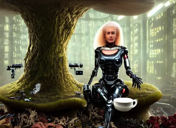 Image similar to photo of an intricate and sophisticated terminator woman with borg enhancements, blonde hair sitting on a giant mushroom in a weird magical mechanical forest and drinking a cup of tea. Very detailed 8k. Fantasy cyberpunk horror. Sharp. Very detailed facial complexion