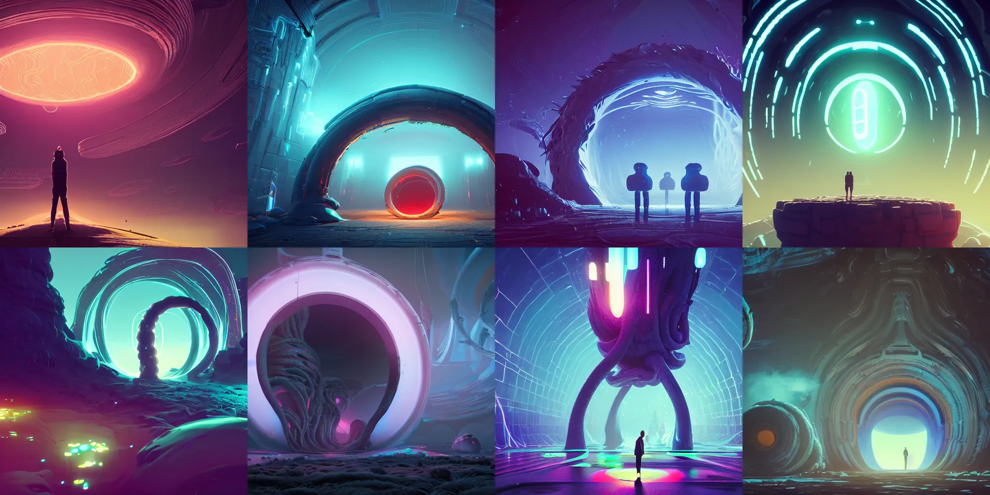 Prompt: beautiful dark landscape, giant glowing portal, tentacles, in the style of beeple and Mike Winkelmann, intricate, epic lighting, cinematic composition, hyper realistic, 8k resolution, unreal engine 5,