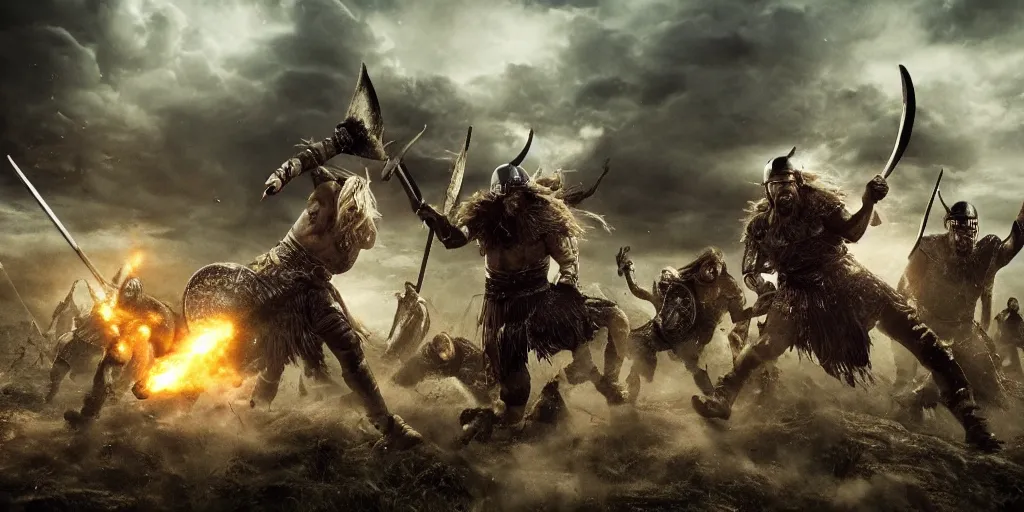 Image similar to epic battle scene Vikings versus aliens, the last stand, Epic Background, highly detailed, sharp focus, 8k, 35mm, cinematic lighting