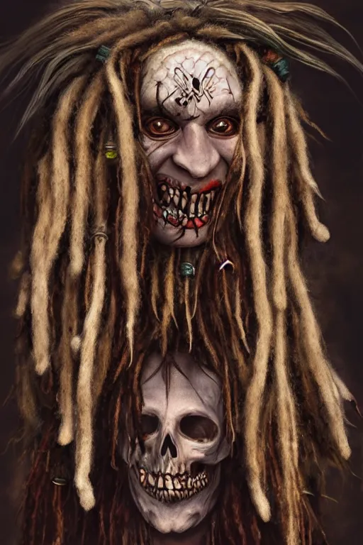 Prompt: a photorealistic of horror shaman with dreadlocks in sacrament of death and destruction