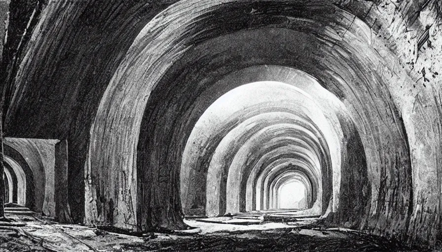 Prompt: 1 9 7 0 s andrei tarkovsky movie still of a neoclassical tunnel, by piranesi, panoramic, ultra wide lens, cinematic light, anamorphic