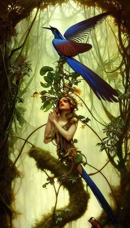 Image similar to consciousness concept art, lush forest, magic, gnarly details, paradise flycatcher, gold, gems, dramatic lighting, denoised, painted by tom bagshaw, alphonse mucha