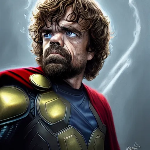 Image similar to peter dinklage as thor from endgame digital painting, extremely detailed, 4 k, intricate, brush strokes, mark arian, artgerm, bastien lecouffe - deharme