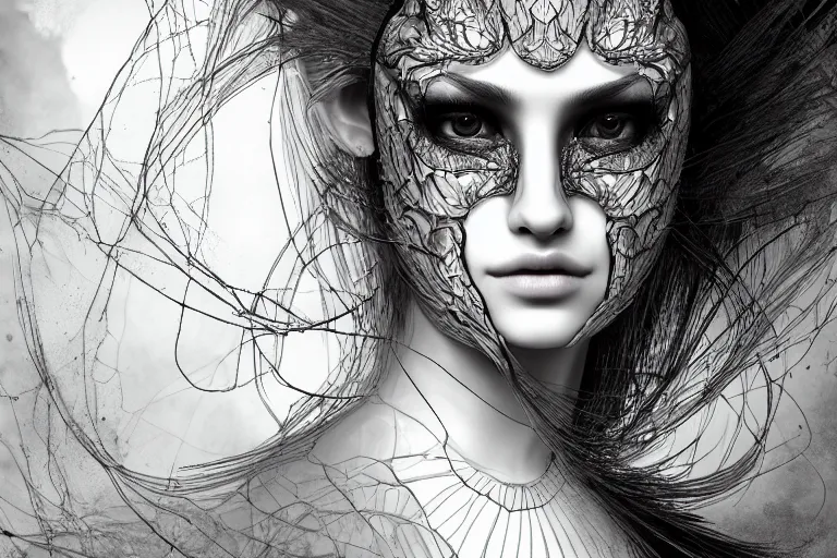 Image similar to portrait of a young beautiful woman with a mask. contemporary photograph and speed painting and fractal and mandelbulb and lines and scribble art. black and white. intricate, elegant, super highly detailed, professional digital painting, artstation, concept art, smooth, sharp focus, no blur, no dof, extreme illustration, Unreal Engine 5, Photorealism, HD quality, 8k resolution, cinema 4d, 3D, beautiful, cinematic, art by artgerm and greg rutkowski and alphonse mucha and loish and WLOP