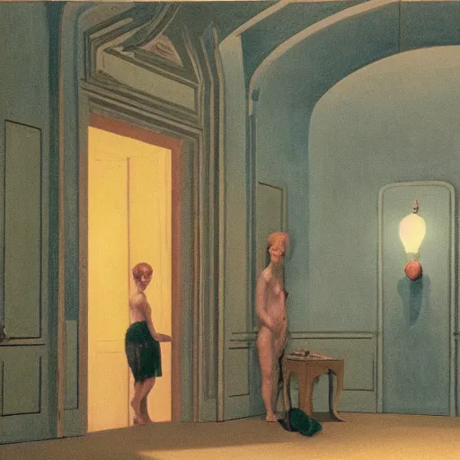 Image similar to a black monster in a liminal room, film still by wes anderson, depicted by canova, limited color palette, very intricate, art nouveau, highly detailed, lights by hopper, soft pastel colors, minimalist