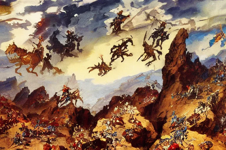 Image similar to a beautiful painting of a rocky landscape covered with bodies of medieval soldiers in shiny armors, dawn, by Frank Frazetta, by Georgia o keeffe, by Gustave Moreau